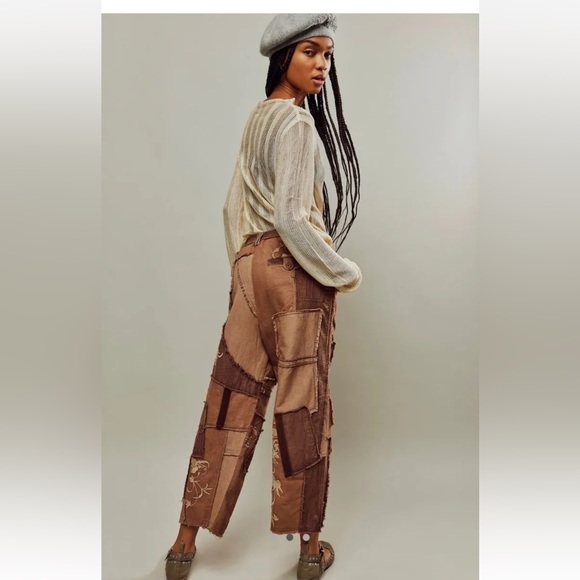 Free People We The Free Mystic Haze Embroidered Pants Floral Patched Brown - Picture 2 of 6
